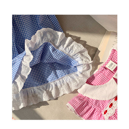 MyKids-USA® Baby Kids Girls French Fly Sleeves Floral Pattern Embroidered Pattern Plaid Dress