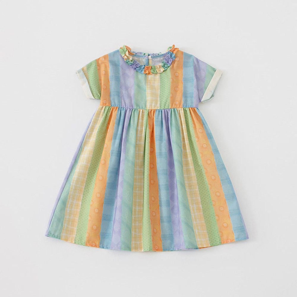MyKids-USA® Baby Kids Girls Short Sleeves Geometric Striped Pattern Dress