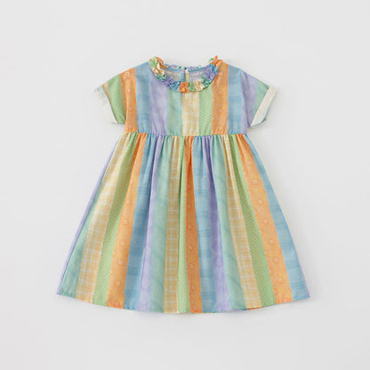 MyKids-USA® Baby Kids Girls Short Sleeves Geometric Striped Pattern Dress