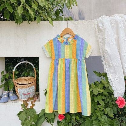 MyKids-USA® Baby Kids Girls Short Sleeves Geometric Striped Pattern Dress