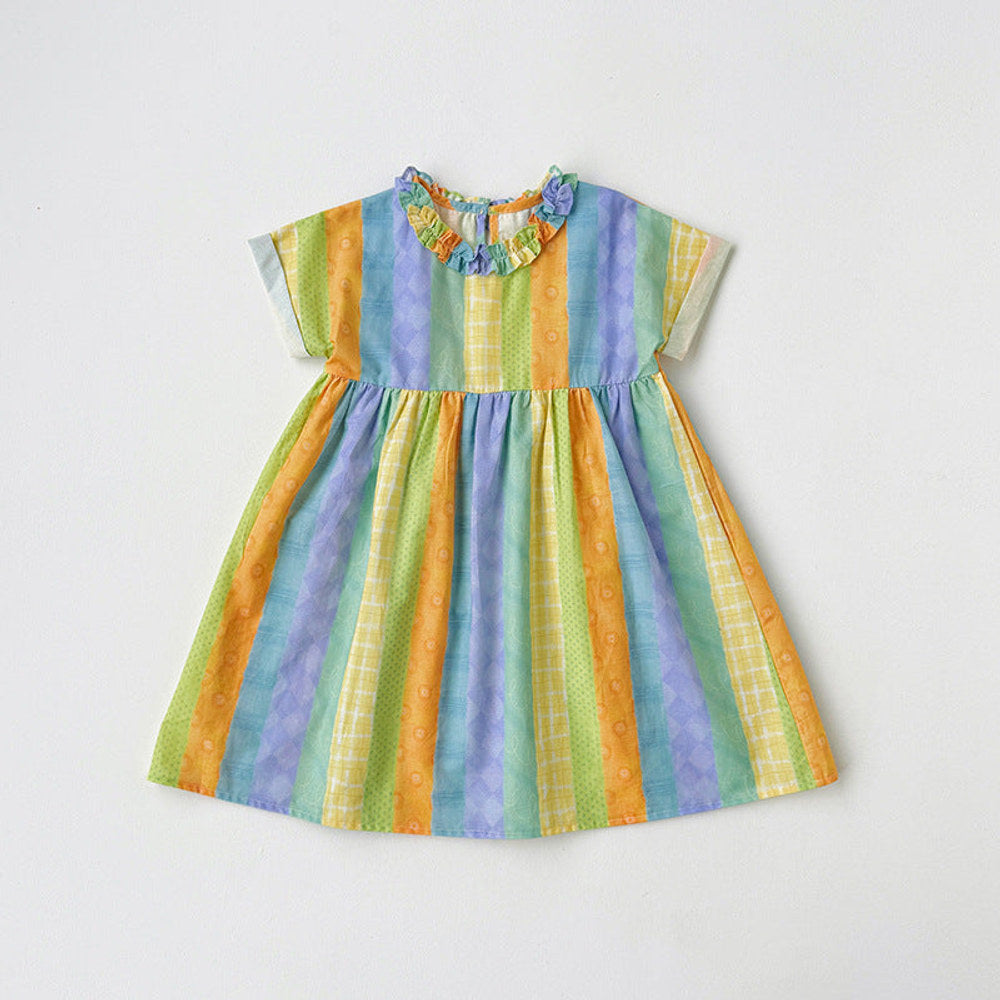 MyKids-USA® Baby Kids Girls Short Sleeves Geometric Striped Pattern Dress