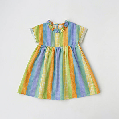 MyKids-USA® Baby Kids Girls Short Sleeves Geometric Striped Pattern Dress