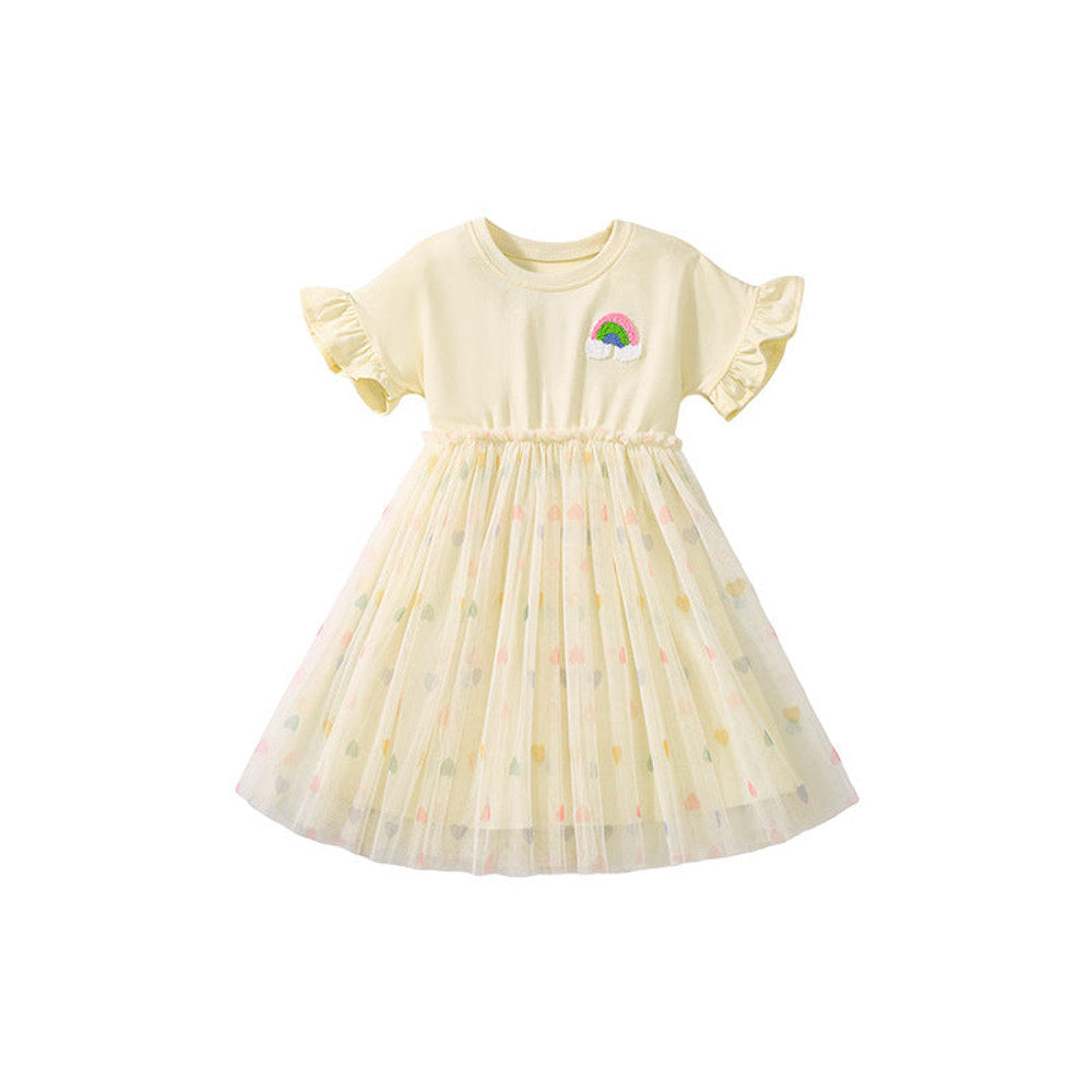 MyKids-USA® Rainbow Pattern Short Sleeves Tulle Patchwork Dress for Stylish Girls