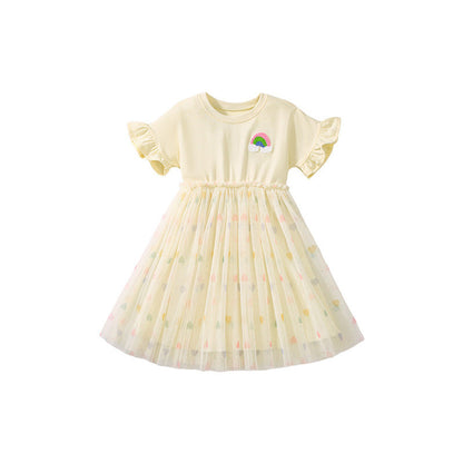 MyKids-USA® Rainbow Pattern Short Sleeves Tulle Patchwork Dress for Stylish Girls