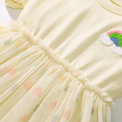 MyKids-USA® Rainbow Pattern Short Sleeves Tulle Patchwork Dress for Stylish Girls