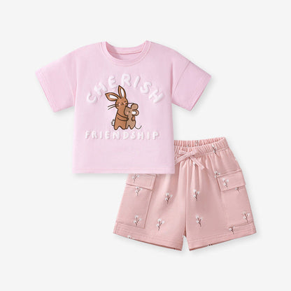 MyKids-USA® Baby Kids Animals Cartoon Pattern T-shirt and Floral Shorts Clothing Set for Girls