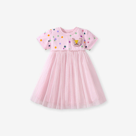 MyKids-USA® Summer Arrival Polka Dots Pattern Short Sleeves Tulle Patchwork Dress for Stylish Girls