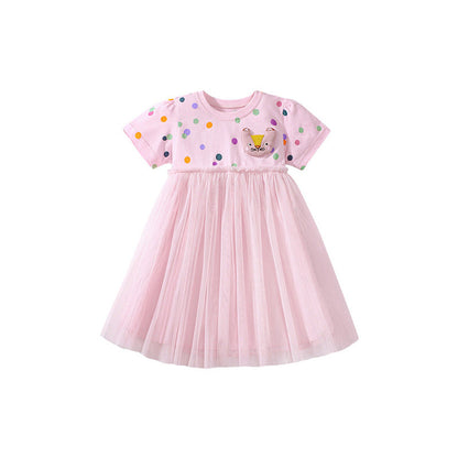 MyKids-USA® Polka Dots Pattern Short Sleeves Tulle Patchwork Dress for Stylish Girls