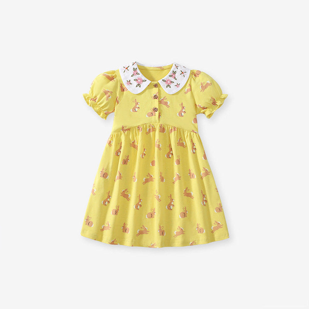 MyKids-USA® Cartoon Rabbits Pattern Short Sleeves Dress for Stylish Girls