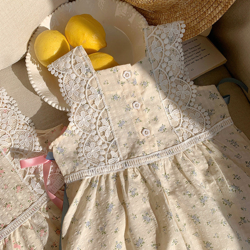 MyKids-USA® Baby Kids Girls Vintage Lace Sleeveless Flowers Pattern Printed Dress