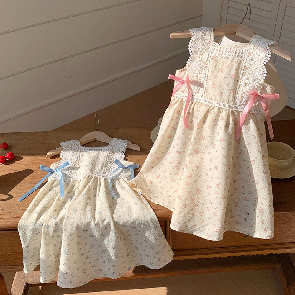 MyKids-USA® Baby Kids Girls Vintage Lace Sleeveless Flowers Pattern Printed Dress