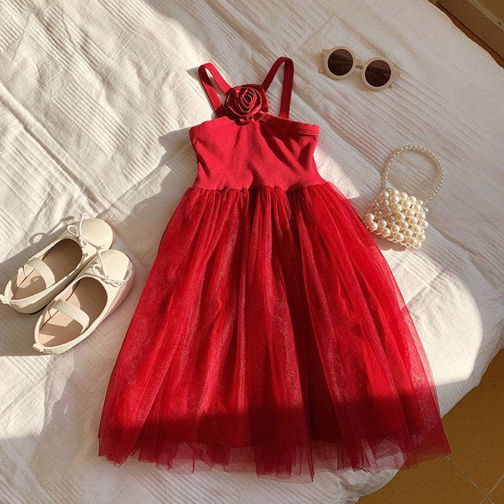 MyKids-USA® Baby Kids Girls French Sleeveless Flowers Pattern Mesh Patchwork Design Strap Dress