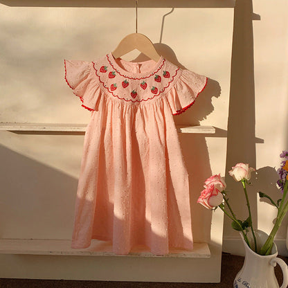 MyKids-USA® Baby Kids Girls Cute Fly Sleeves Strawberry Pattern Embroidered Dress