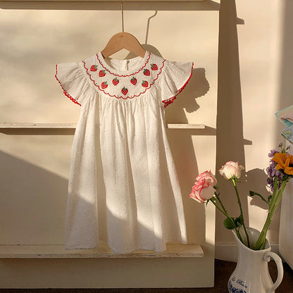 MyKids-USA® Baby Kids Girls Cute Fly Sleeves Strawberry Pattern Embroidered Dress