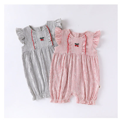 MyKids-USA® Baby Girls Sleeveless Cute Cherry Pattern Striped Rompers