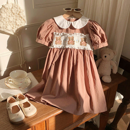 MyKids-USA® Baby Kids Girls Cute Short Sleeves Teddy Bear Embroidered Dress