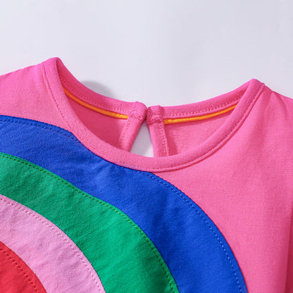 MyKids-USA® Rainbow Pattern Short Sleeves Tulle Patchwork Dress for Stylish Girls
