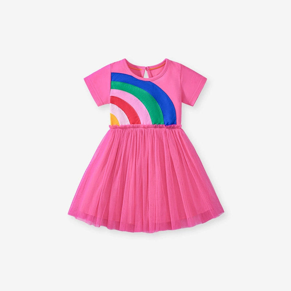 MyKids-USA® Rainbow Pattern Short Sleeves Tulle Patchwork Dress for Stylish Girls