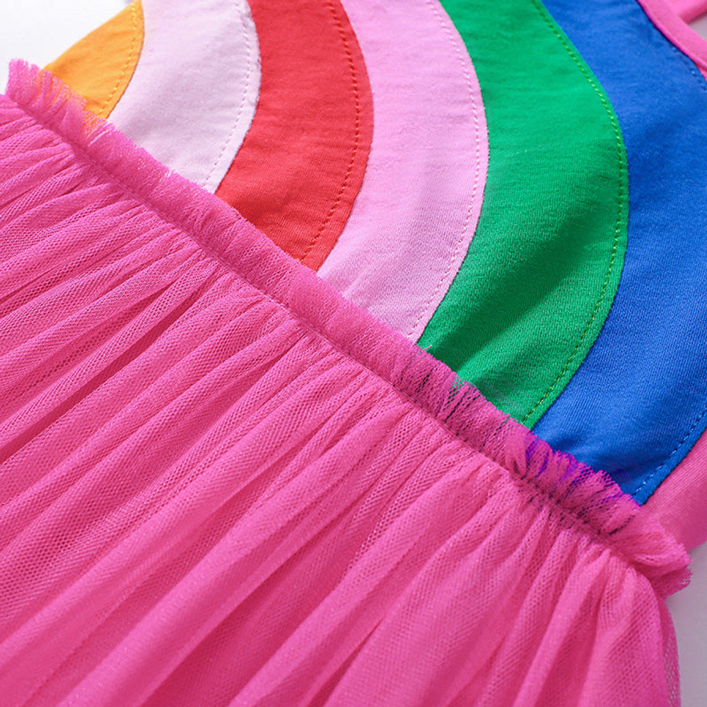 MyKids-USA® Rainbow Pattern Short Sleeves Tulle Patchwork Dress for Stylish Girls