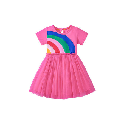 MyKids-USA® Rainbow Pattern Short Sleeves Tulle Patchwork Dress for Stylish Girls