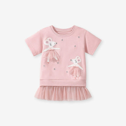 MyKids-USA® Dancing Mouse Pattern Short Sleeves Tulle Dress for Stylish Girls
