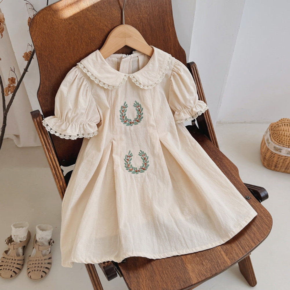 MyKids-USA® Baby Kids Girls Cute Short Sleeves Flowers Pattern Embroidered Lace Trim Dress
