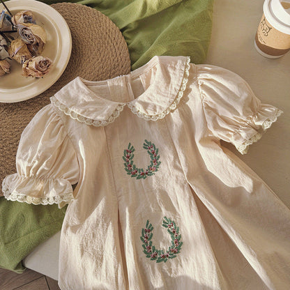 MyKids-USA® Baby Kids Girls Cute Short Sleeves Flowers Pattern Embroidered Lace Trim Dress