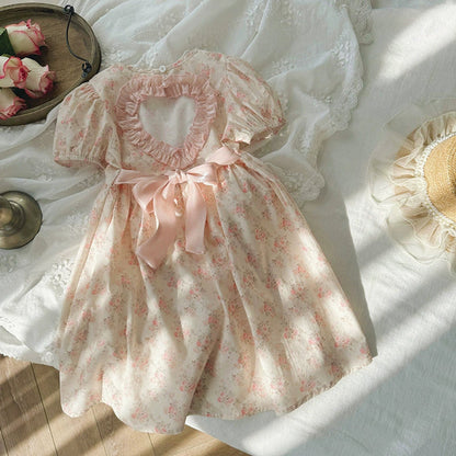 MyKids-USA® Baby Kids Girls Cute Short Sleeves Heart Hollow-out Pattern Floral Dress