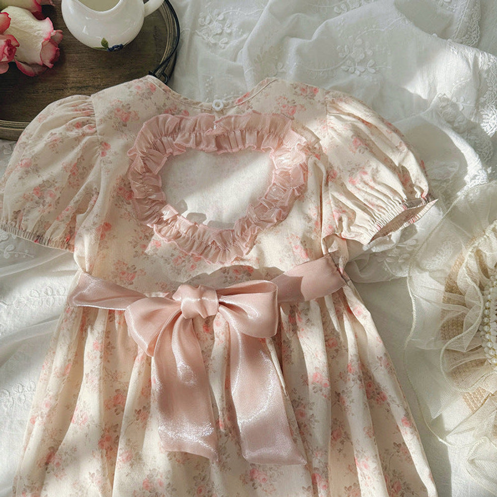 MyKids-USA® Baby Kids Girls Cute Short Sleeves Heart Hollow-out Pattern Floral Dress
