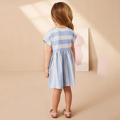 MyKids-USA® Flowers Pattern Short Sleeves Striped Dress for Stylish Girls