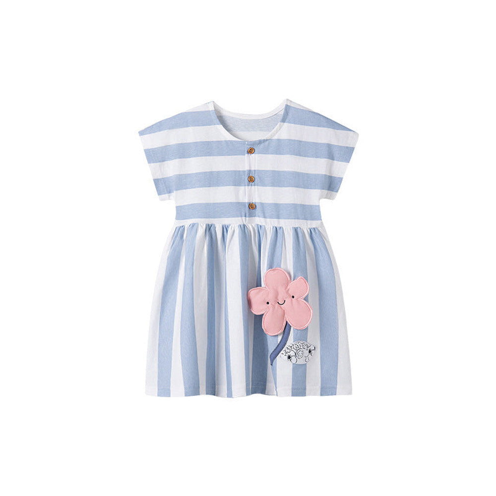 MyKids-USA® Flowers Pattern Short Sleeves Striped Dress for Stylish Girls