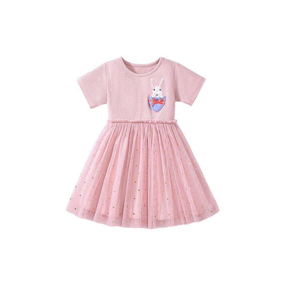 MyKids-USA® Polka Dots Pattern Short Sleeves Tulle Patchwork Dress for Stylish Girls