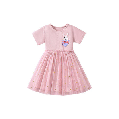 MyKids-USA® Polka Dots Pattern Short Sleeves Tulle Patchwork Dress for Stylish Girls