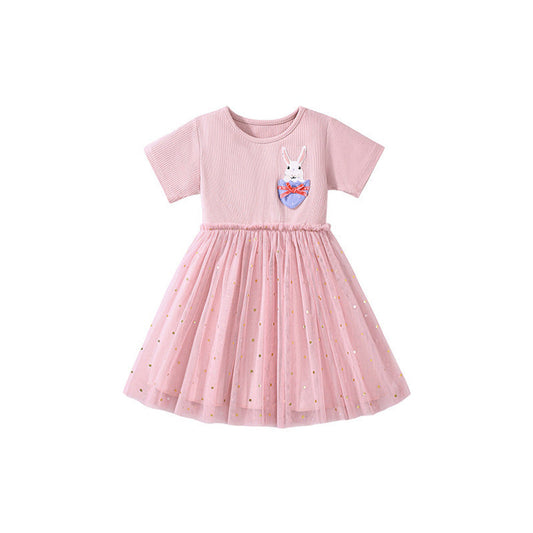 MyKids-USA® Summer Arrival Polka Dots Pattern Short Sleeves Tulle Patchwork Dress for Stylish Girls