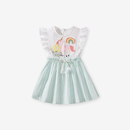 MyKids-USA® Cartoon and Stripe Pattern Fly Sleeves Dress for Stylish Girls