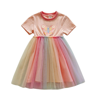 MyKids-USA® Butterfly Pattern Short Sleeves Tulle Patchwork Dress for Stylish Girls