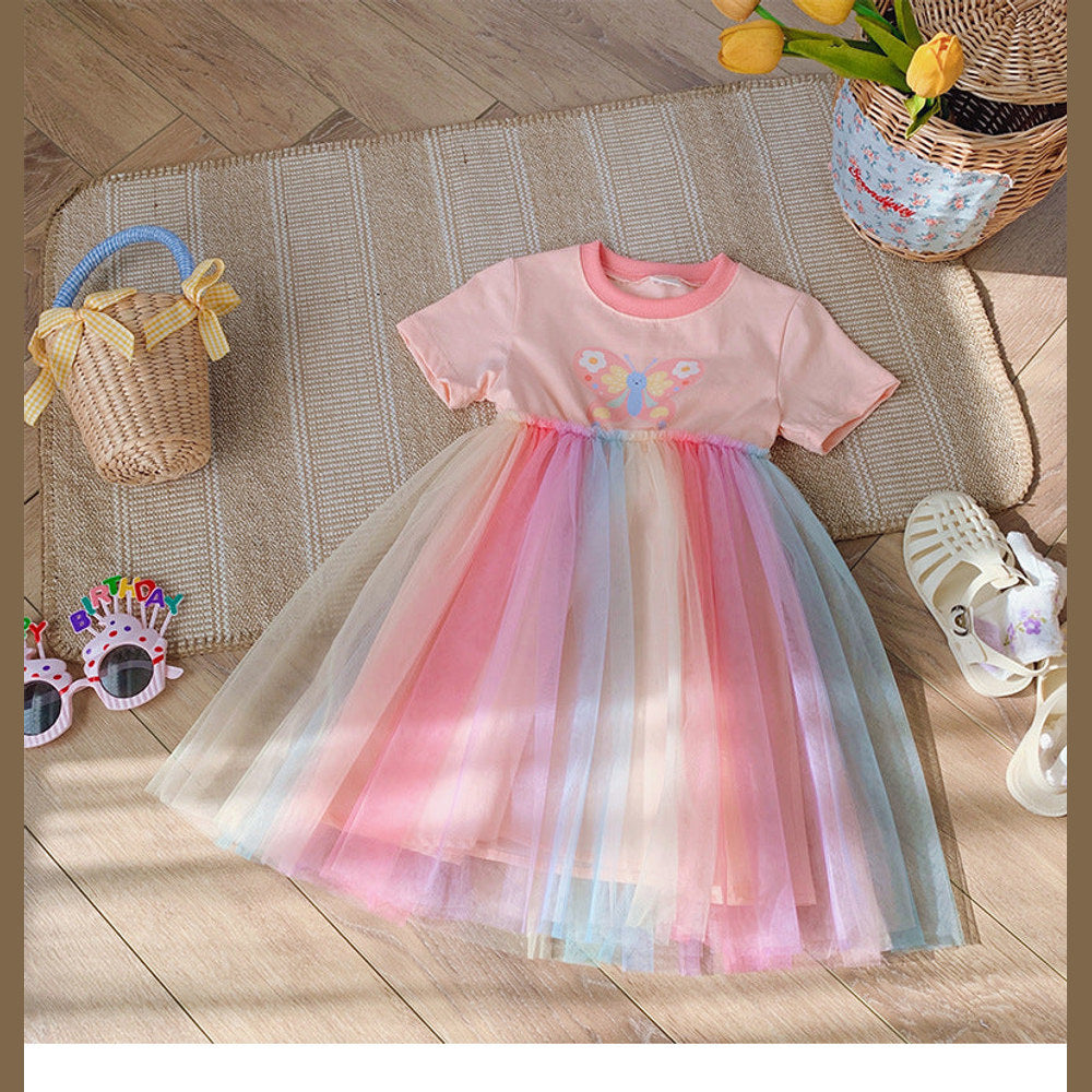 MyKids-USA® Butterfly Pattern Short Sleeves Tulle Patchwork Dress for Stylish Girls