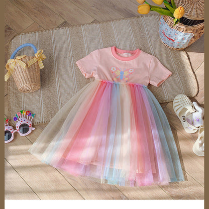 MyKids-USA® Butterfly Pattern Short Sleeves Tulle Patchwork Dress for Stylish Girls