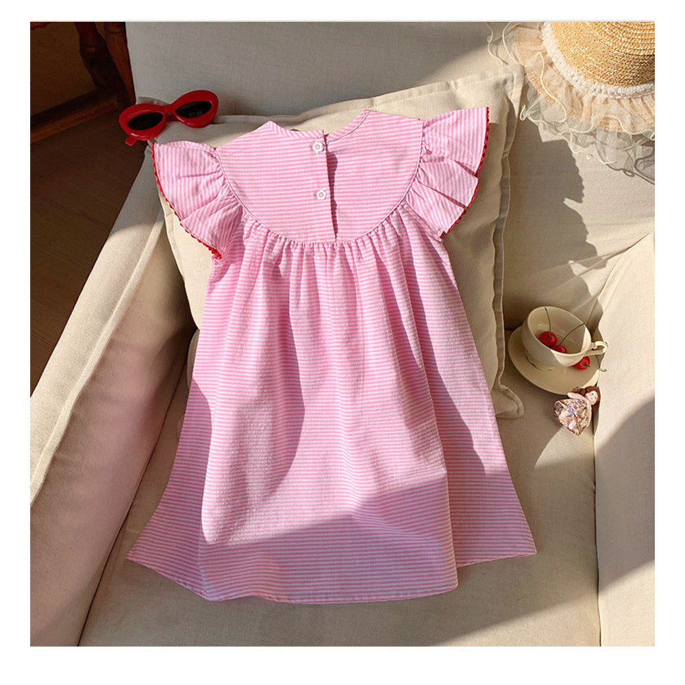 MyKids-USA® Baby Kids Girls Cute Fly Sleeves Strawberry Pattern Striped Dress
