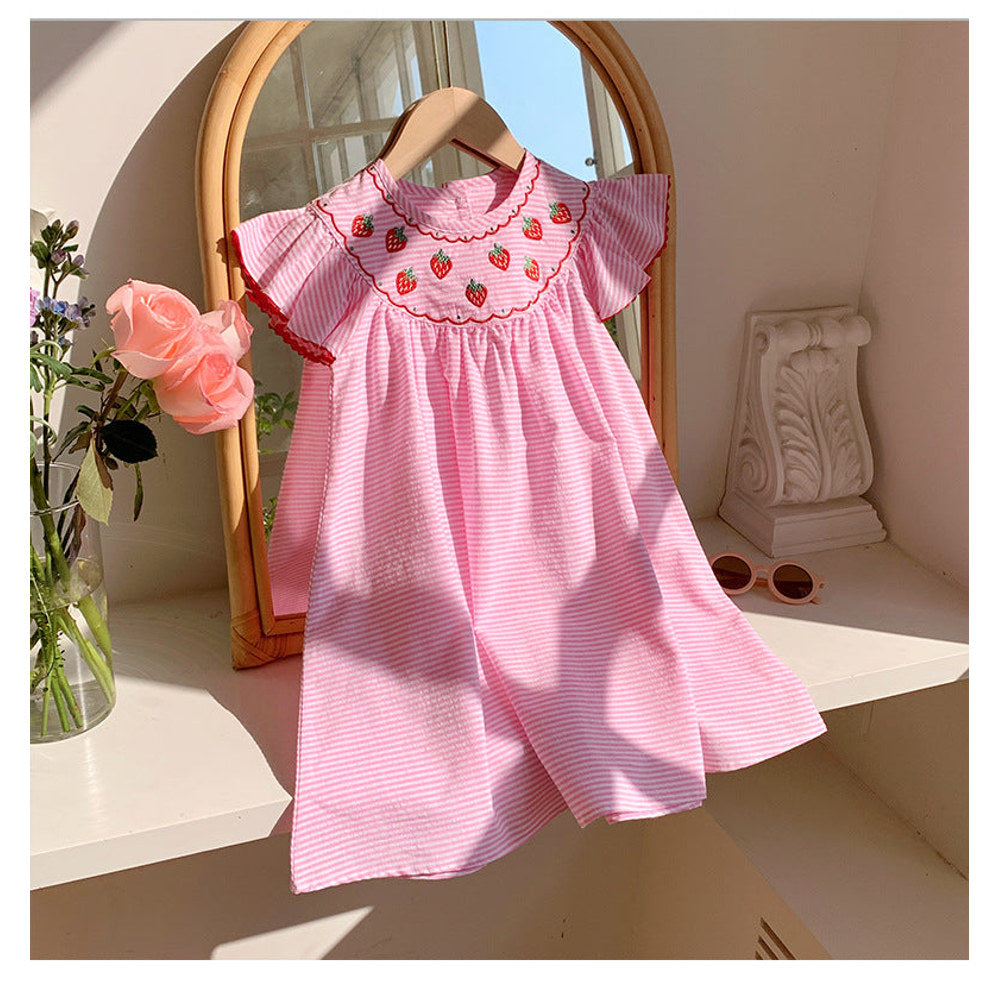 MyKids-USA® Baby Kids Girls Cute Fly Sleeves Strawberry Pattern Striped Dress