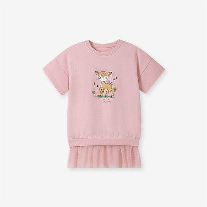MyKids-USA® Cute Deer Pattern Short Sleeves Tulle Dress for Stylish Girls