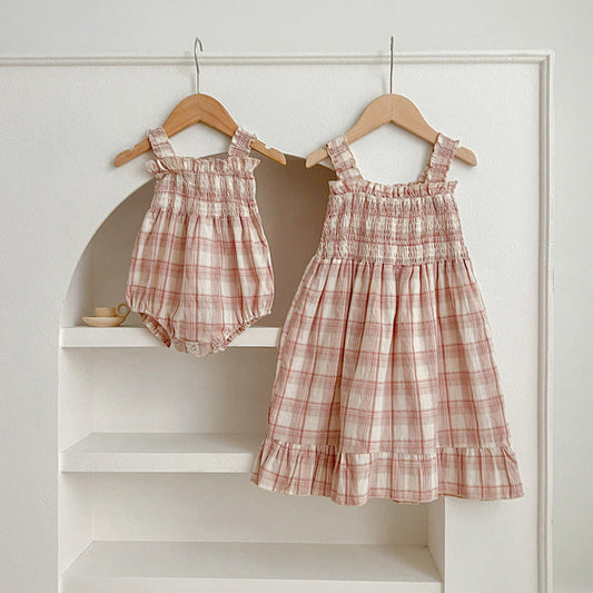 MyKids-USA® Summer Baby Girls French-style Plaid Sleeveless bodysuit and Dress – Princess Sister Matching Set