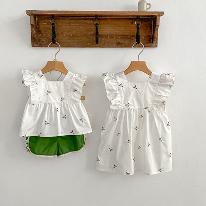 MyKids-USA® Floral Pattern Fly Sleeves Square Neck Top and Shorts Set/Dress for Stylish Girls