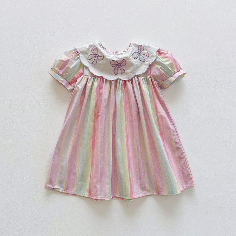 MyKids-USA® Baby Kids Girls Short Sleeves Geometric Pattern Embroidered Striped Dress
