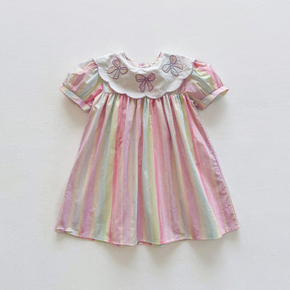 MyKids-USA® Baby Kids Girls Short Sleeves Geometric Pattern Embroidered Striped Dress