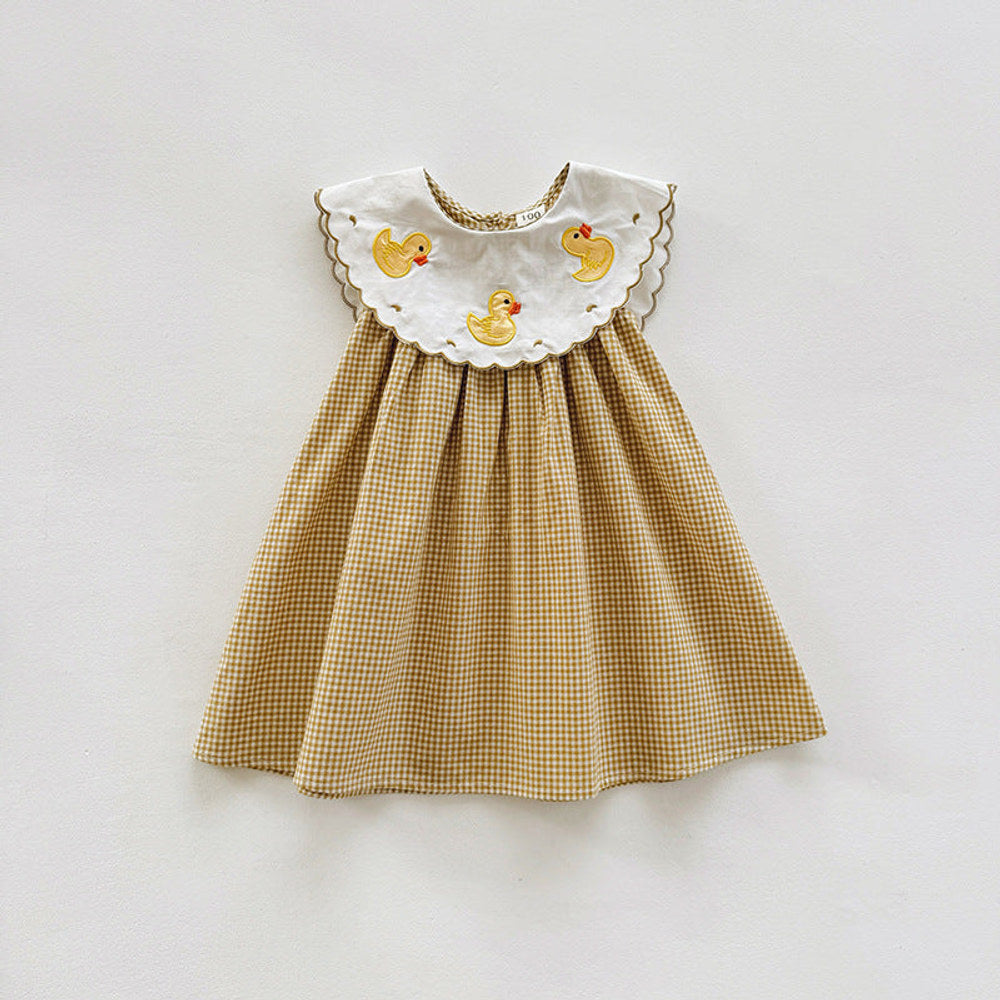 MyKids-USA® Baby Kids Girls Sleeveless Ducks Pattern Embroidered Plaid Dress