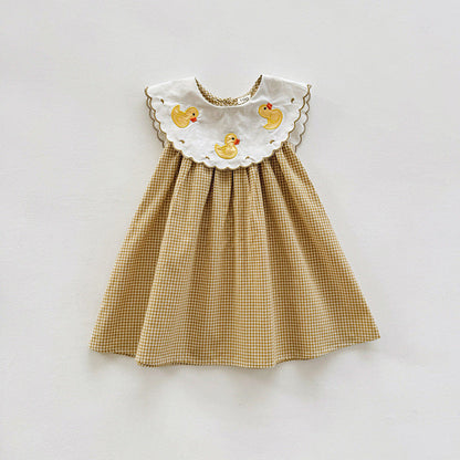 MyKids-USA® Baby Kids Girls Sleeveless Ducks Pattern Embroidered Plaid Dress