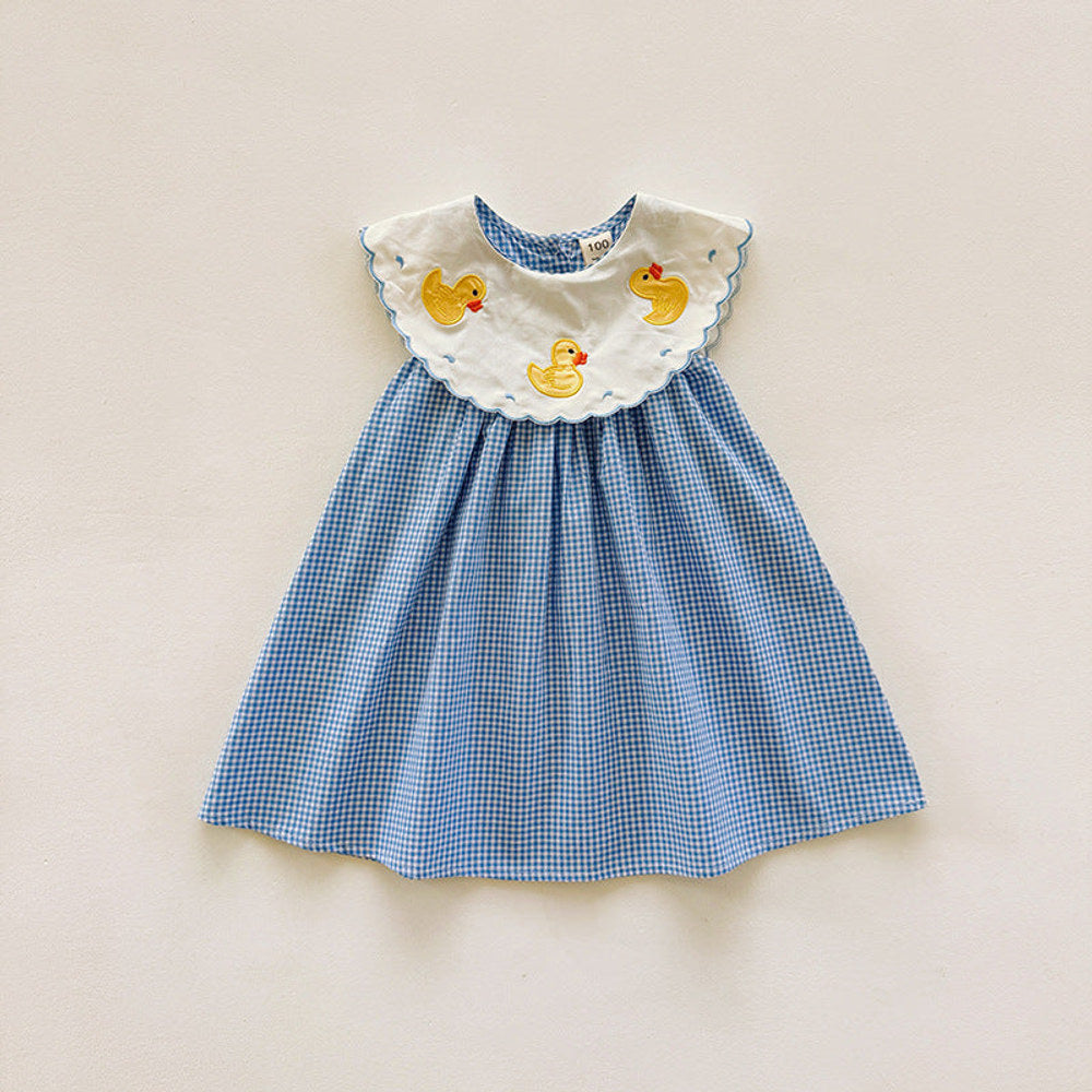 MyKids-USA® Baby Kids Girls Sleeveless Ducks Pattern Embroidered Plaid Dress