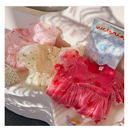 MyKids-USA® Flowers Pattern Short Sleeves Tulle Dress for Stylish Girls