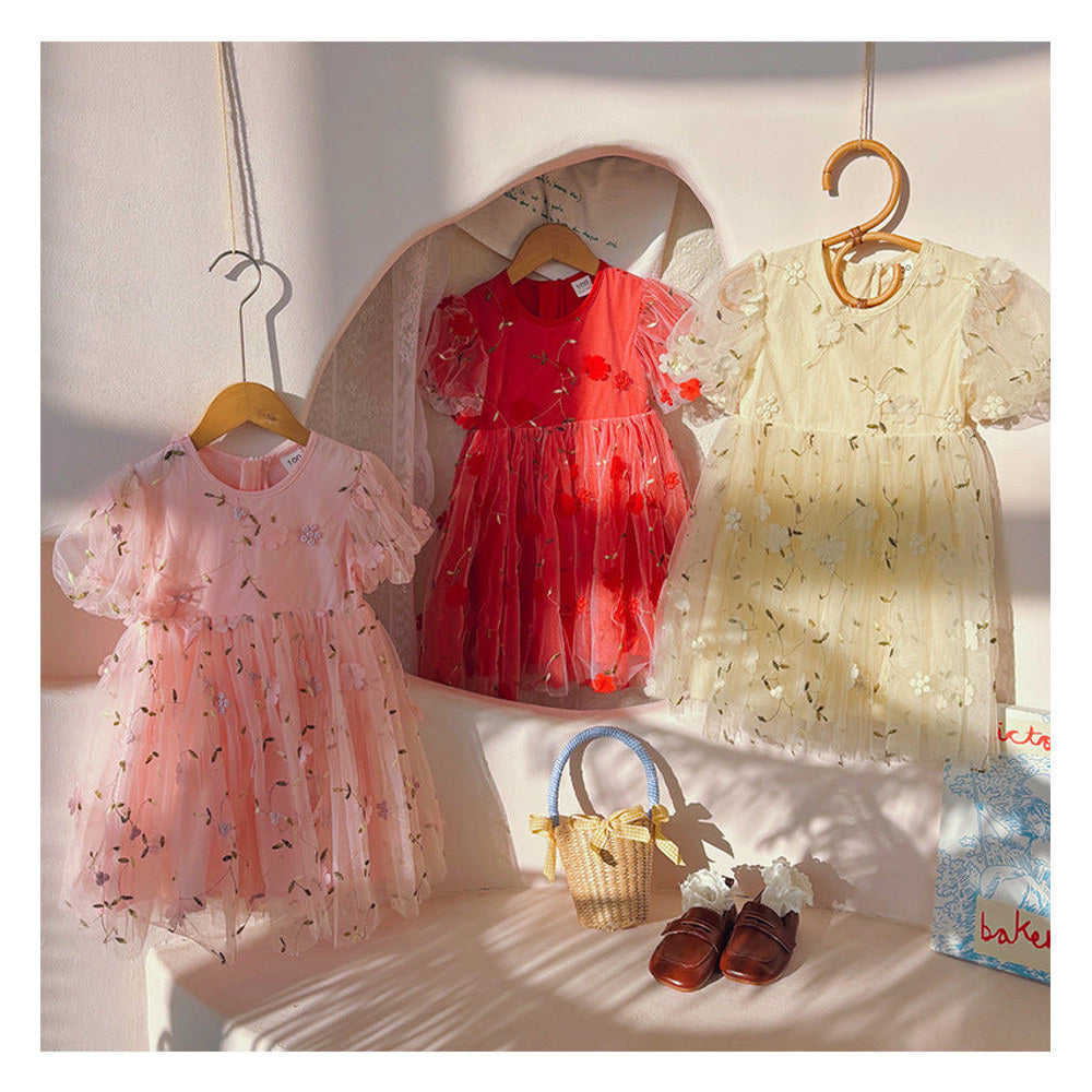 MyKids-USA® Flowers Pattern Short Sleeves Tulle Dress for Stylish Girls